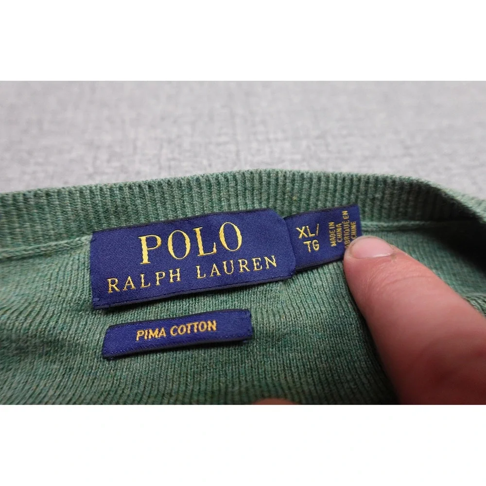 Polo Ralph Lauren Sweater Mens XL Green Pima Cotton V Neck Pony Logo Lightweight
